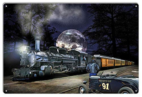 Hot Rod Waiting On A Night Train Metal Sign By Artist Bob Kramer 12×8