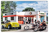 1934 Yellow Roadster Being Admired Metal Sign by Original Artist Bob Kramer 12×18