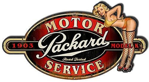 Packard Motor Pin Up Girl Cut Out Garage Art Metal Sign 12.8×23.8