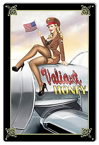 Aviation Nose Art Valiant Honey Pin Up Girl Metal Sign 12×18