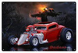 Red Rat Rod Hot Rod Badass On Halloween Metal Sign By Artist Bob Kramer 12×18