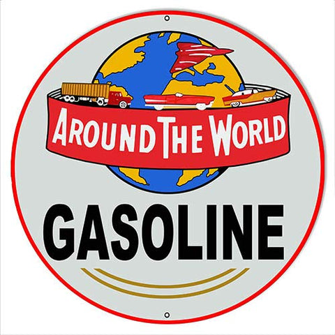 Around The World Gasoline Reproduction Metal Sign 24×24 Round