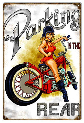 Parking In the Rear Reproduction Pin Up Girl Aged Looking Metal Sign 12×18