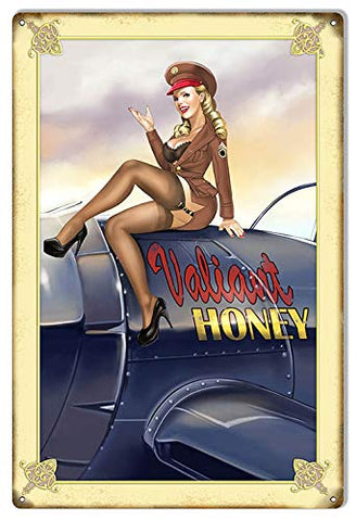 Pin Up Girl Valiant Honey Nose Art Vintage Aviation Metal Sign 12×18
