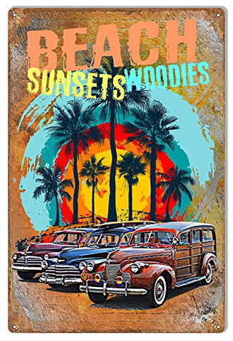 Beach Sunset Woodies Man Cave Metal Sign By Phil Hamilton 12x18