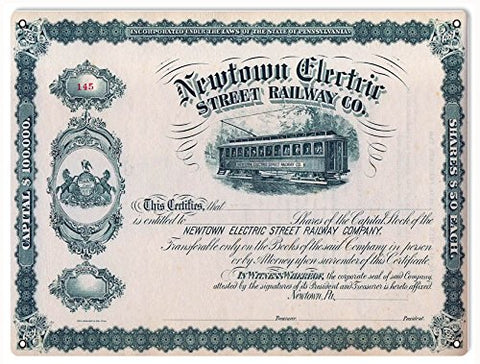 Reproduction Newtown Electric Street Railway Stock Sign 9x12