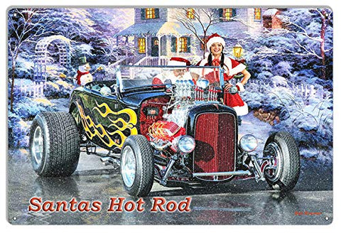 Santa’s Hot Rod Metal Christmas Holiday Metal Sign by Artist Bob Kramer 12×18