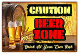 Caution Beer Zone Man Cave Reproduction Bar Metal Sign 12x18