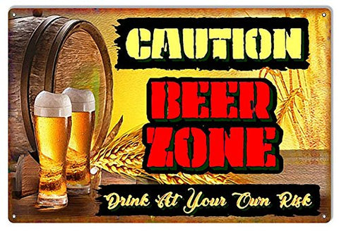 Caution Beer Zone Man Cave Reproduction Bar Metal Sign 12x18