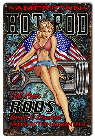 American Hot Rod Pin Up Girl Garage Metal Sign By Steve McDonald 12×18
