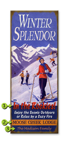 Winter Splendor (With Skiers) Wood Sign 17x44