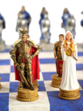 Chess Set - King Arthur Resin Chessmen on Blue & Cream Faux Leatherette Chess Board