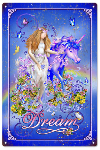 Vintage Fairy And Unicorn Dream Metal Sign