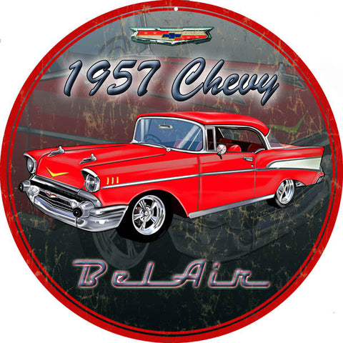 Vintage 1957 Chevy Bel Air 14 Round Metal Sign