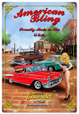 Vintage Chevrolet Pin Up Girl Metal Sign