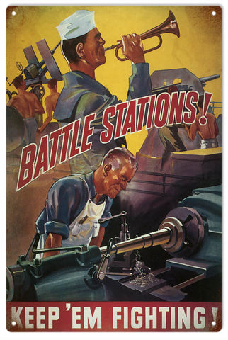 Vintage Battle Stations Military Metal Sign