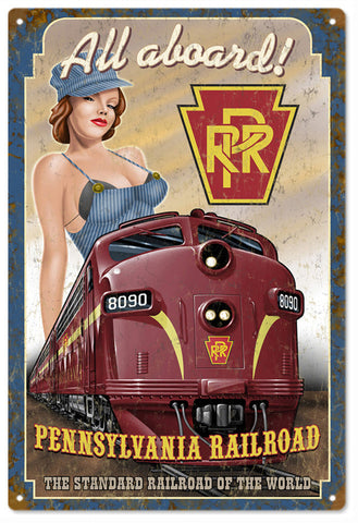 Vintage RPR All Aboard Pin Up Girl Railroad Metal Sign