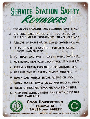 Vintage Service Station Safety Reminders Metal Sign