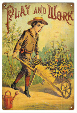 Vintage Play And Work Country Metal Sign