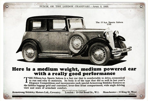 Vintage HP Sports Saloon Automobile Metal Sign