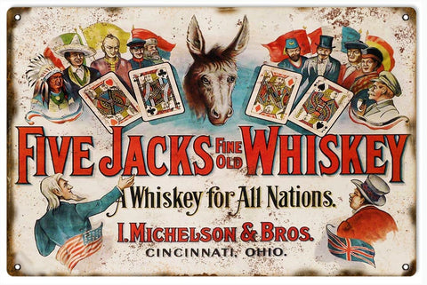 Vintage Five Jacks Whiskey Metal Sign