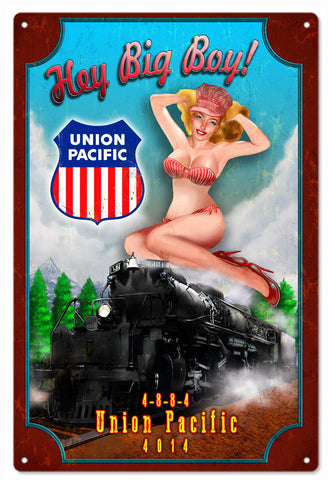 Vintage Hey Big Boy Railroad Pin Up Girl Metal Sign