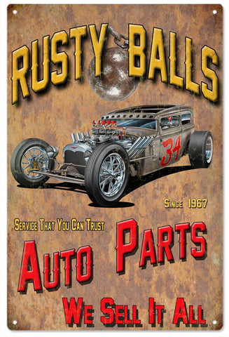 Rusty Balls Auto Parts Garage Art Metal Sign