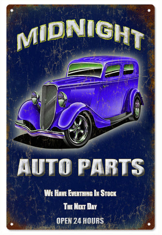 Vintage Midnight Auto Parts Hot Rod Metal Sign