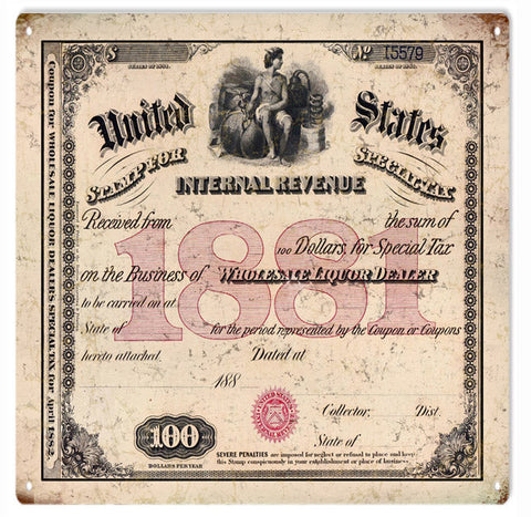 United States 1881 Wholesale Liquor Dealer Coupon Metal Sign