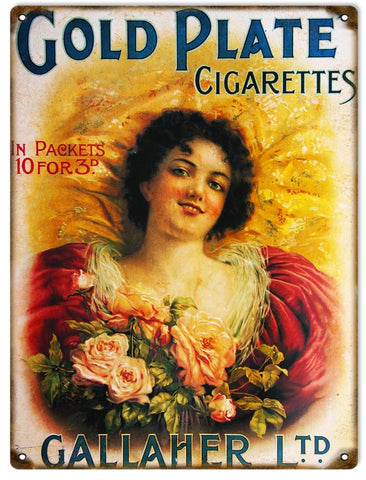 Vintage Gold Plate Cigarettes Metal Sign