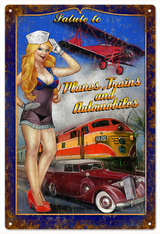 Vintage Salute To Planes Trains And Automobiles Metal Sign