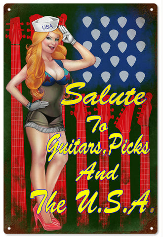 Vintage Looking Guitar Pin Up Girl Metal Sign