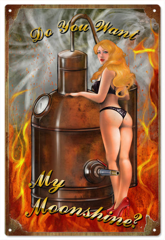 Vintage Pin Up Girl Do You Want My Moonshine Metal Sign