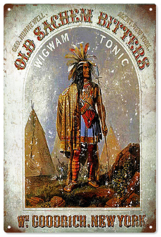 Vintage Old Sachem Bitters Indian Metal Sign
