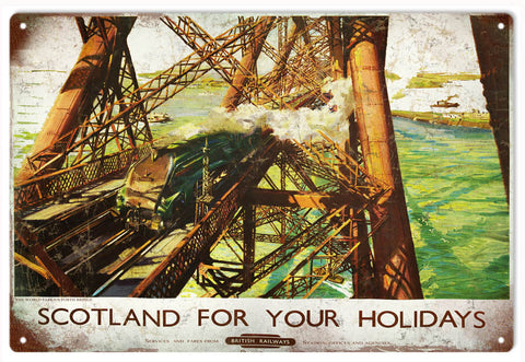 Vintage Scotland For Your Holidays Railroad Metal Sign