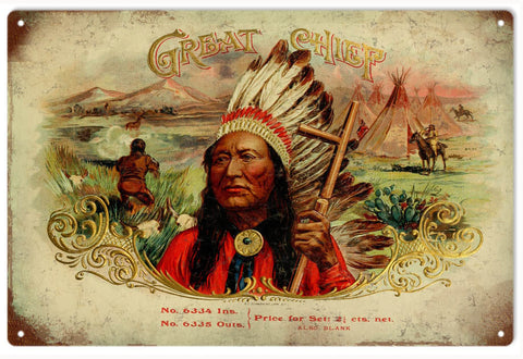 Vintage Great Chiefs Cigar Metal Sign