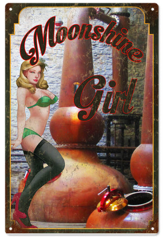Vintage Moonshine Pinup Girl Metal Sign