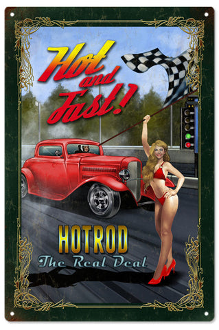 Vintage Hot And Fast Hod Rod Pin Up Girl Metal Sign