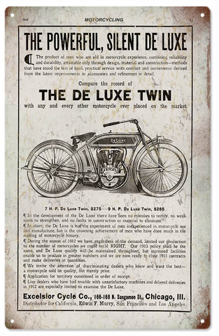 Vintage De Luxe Twin Motorcycle Metal Sign