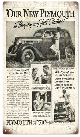 Vintage New Plymouth Automobile Metal Sign