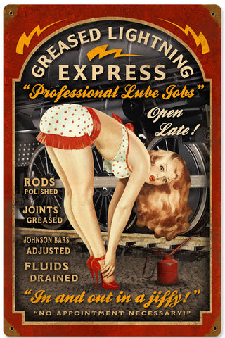 Vintage Greased Lightning Express Garage Pin Up Girl Metal Sign