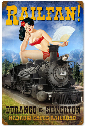 Vintage Railfan Railroad Pin Up Girl Metal Sign