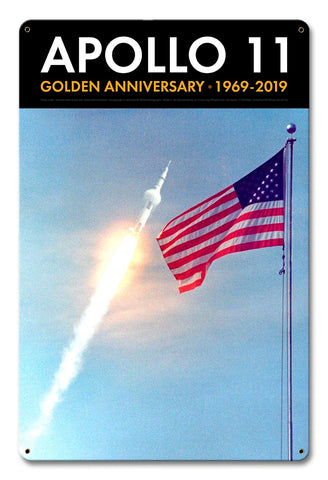 Apollo 11 50th Anniversary Saturn V and the Flag Black Metal Sign Vintage Sign Metal Sign