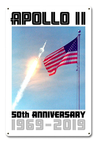 Apollo 11 50th Anniversary Saturn V and the Flag White Metal Sign Vintage Sign Metal Sign