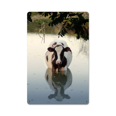Cow In Water Metal Sign