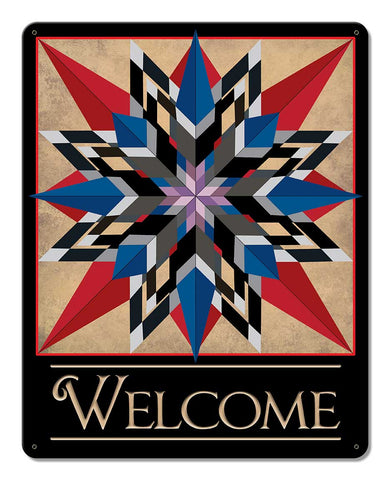 Double 16 Point Star Welcome Metal Sign