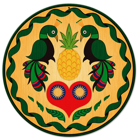 Peacocks and Heart Hex Sign 14 x 14 Round Metal Sign