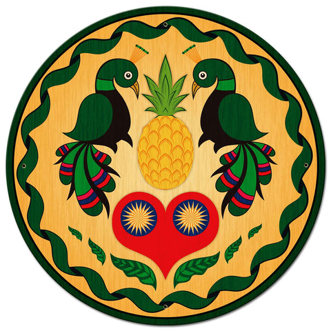 Peacocks and Heart Hex Sign 28 x 28 Round Metal Sign