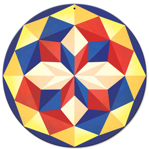 8 Point Quilt Red White Blue 14 x 14 Round Metal Sign