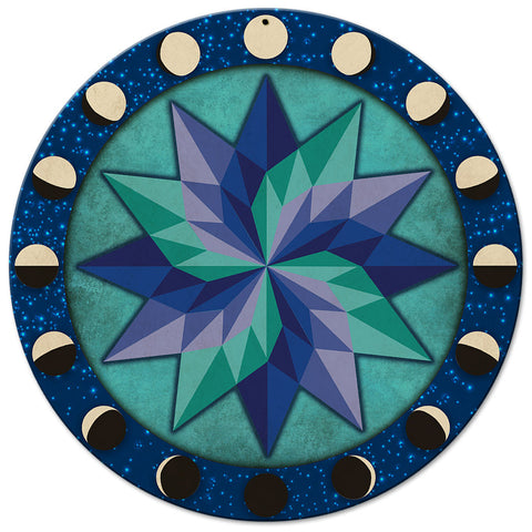 Moon Phases Pinwheel Blue Green 14 x 14 Round Metal Sign